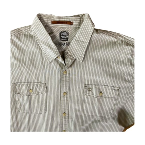 Timberland Men's NWT Button Down Striped Long Sleeve Shirt Beige and White XL - Picture 2 of 7